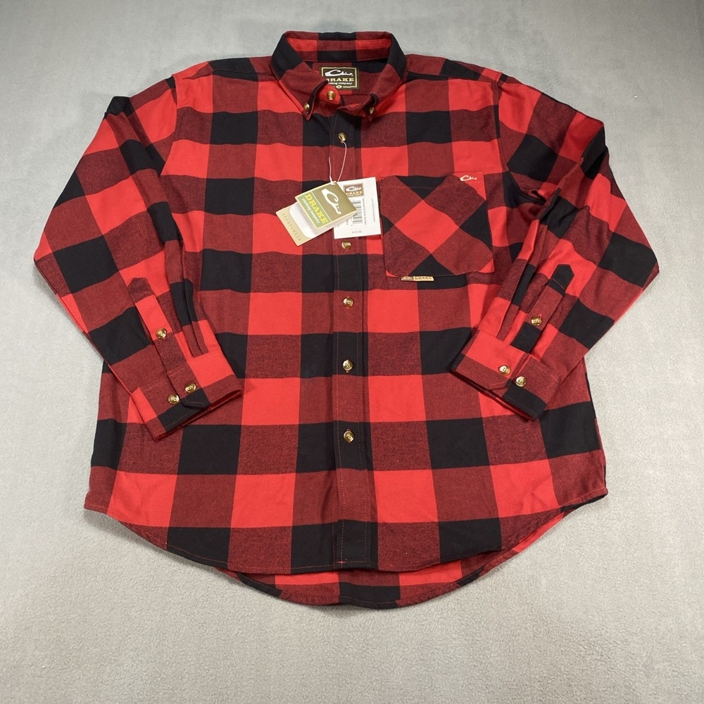 Drake Men's Medium Button Down Long Sleeve‎ Flannel Shirt Red Black Plaid NWT